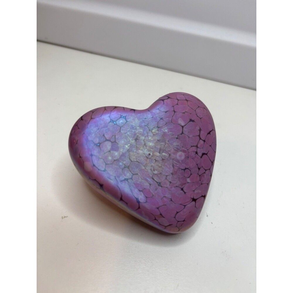 1996 Roger Vines pink blue Iridescent Heart Dichroic Glass Paperweight Signed